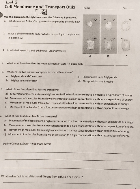 Cell Membrane and Transport Quiz Name _Per_
Use the diagram to the right to answer the following 4 questions.
1. Which sollution A, B or C is hypertonic compared to the cells in it? yo
_
2. What is the biological term for what is happening to the plant cell
in diagram A? HC
_
3. In which diagram is a cell exhibiting Turgor pressure?
_
A B C
_
_
4. What word best describes the net movement of water in diagram B?
5. What are the two primary components of a cell membrane?
a) Triglyceride and Cholesterol c) Phospholipids and Triglyceride
b) Triglyceride and Protein d) Phospholipids and Proteins
6. What phrase best describes Passive transport?
a) Movement of molecules from a high concentration to a low concentration without an expenditure of energy.
b) Movement of molecules from a low concentration to a high concentration without an expenditure of energy.
c) Moverent of molecules from a high concentration to a low concentration with an expenditure of energy.
d) Movement of molecules from a low concentration to a high concentration with an expenditure of energy.
7. What phrase best describes Active transport?
a) Movement of molecules from a high concentration to a low concentration without an expenditure of energy.
b) Movement of molecules from a low concentration to a high concentration without an expenditure of energy.
c) Movement of molecules from a high concentration to a low concentration with an expenditure of energy.
d) Movement of molecules from a low concentration to a high concentration with an expenditure of energy.
Define Osmosis. (hint: it has three parts)
_
_
_
What makes facilitated diffusion different from diffusion or osmosis?
_