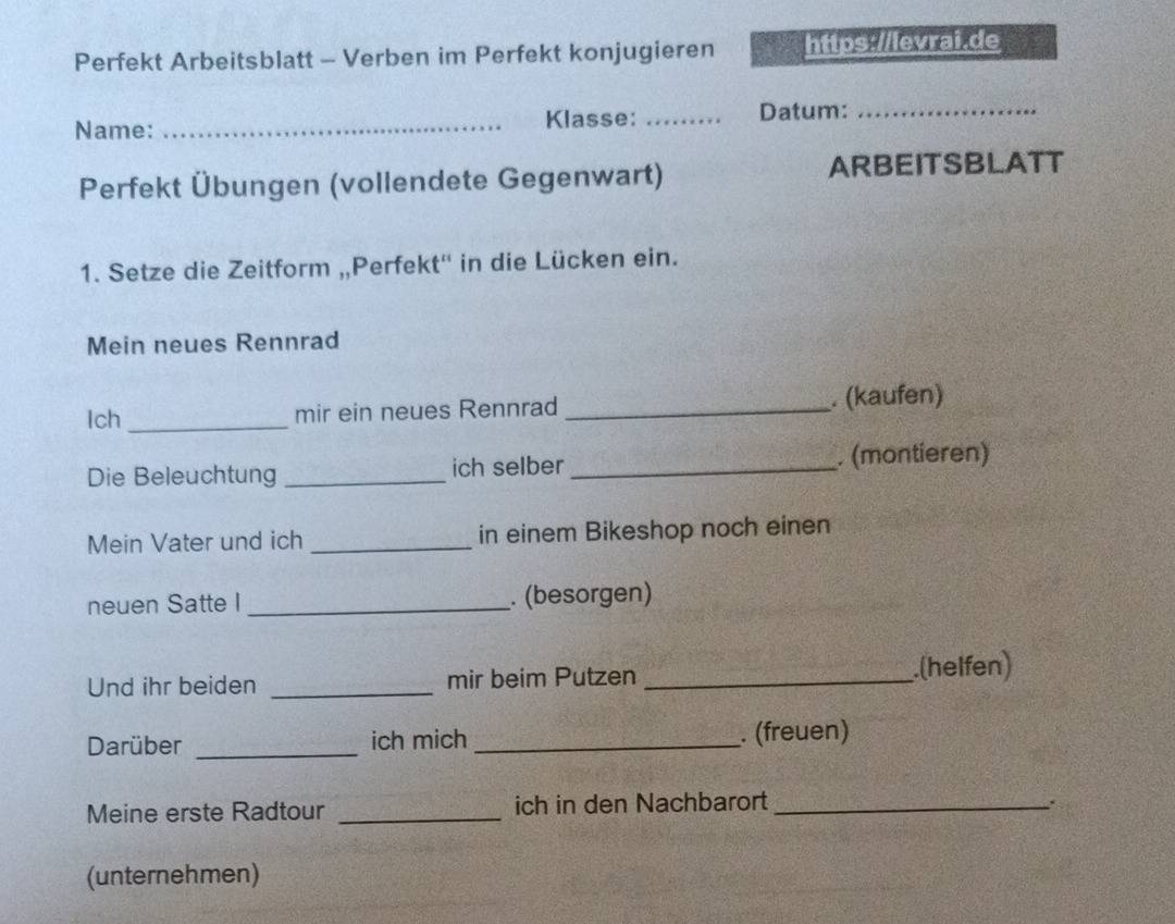 Gelöst:Perfekt Arbeitsblatt - Verben im Perfekt konjugieren https ...