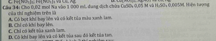 C. Fe(NO_3) 2; Fe(NO_3) 3 và Cu, Ag. D. Cu ( NO3 ) 2; AgNO3 V
Câu 34: Cho 0,02 mol Na vào 1 000 mL dung dịch chứa CuSO_4 0,05 M và H_2SO_40,005M. Hiện tượng
của thí nghiệm trên là
A. Có bọt khí bay lên và có kết tủa màu xanh lam.
B. Chỉ có khí bay lên.
C. Chỉ có kết tủa xanh lam.
D. Có khí bay lên và có kết tủa sau đó kết tủa tan.