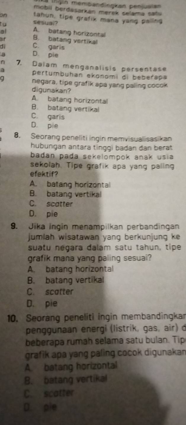 Ia ingin membandingkan penjuaian
mobil berdasarkan merek selama satu 
on tahun, tipe grafix mana yang palling
to sesusi?
al A. batang horizontal
ar B. batang vertikal
di C. garis
a D. pie
n 7. Dalam menganalisis persentase
a pertumbuhan ekonomi di beberapa
q negara, tipe grafik apa yang paling cocok
digunakan?
A. batang horizontal
B. batang vertikal
C. garis
D. pie
8. Seorang peneliti ingin memvisualisasikan
hubungan antara tinggi badan dan berat
badan pada sekelompok anak usia
sekolah. Tipe grafik apa yang paling
efektif?
A. batang horizontal
B. batang vertikal
C. scatter
D. pie
9. Jika Ingin menampilkan perbandingan
jumlah wisatawan yang berkunjung ke
suatu negara dalam satu tahun, tipe
grafik mana yang paling sesuai?
A. batang horizontal
B. batang vertikal
C. scatter
D. pie
10. Seorang peneliti ingin membandingkar
penggunaan energi (listrik, gas, air) ở
beberapa rumah selama satu bulan. Tip
grafik apa yang paling cocok digunakan
A. batang horizontal
B. batang vertikal
C. scatter
D. pie