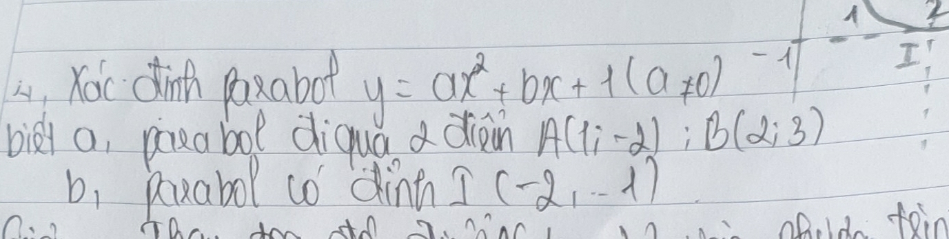 A 3
4, Xoi dinth paxabot y=ax^2+bx+1(a!= 0)-1|= I 
biàl a, pieabol diqua a dien A(1;-2); B(2;3)
b_1 Ruabol co dinn ? (-2,-1)
d 
pld toin