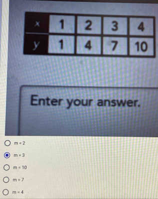 Enter your answer.
m=2
m=3
m=10
m=7
m=4