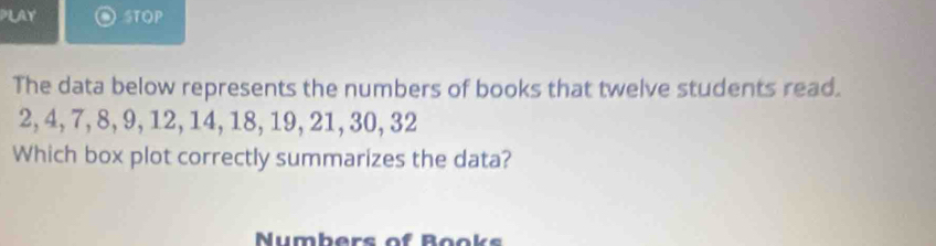 PLAY STOP 
The data below represents the numbers of books that twelve students read.
2, 4, 7, 8, 9, 12, 14, 18, 19, 21, 30, 32
Which box plot correctly summarizes the data? 
Numbers of Books