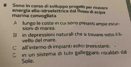 Sono in corso di sviluppo progetti per ricavare 
energia elio-idroelettrica dal flusso di acqua 
marina convogliata 
À lungo le coste in cul sono presenti ampie escur- 
sion di marea. 
B in depressioni naturali che si trovano sotto il li- 
vello del mare. 
Call'interno di impiantı eolıcı preesistenti. 
Co n un sistema de tubı gallegg:antı rscaldatı dal 
Sole.