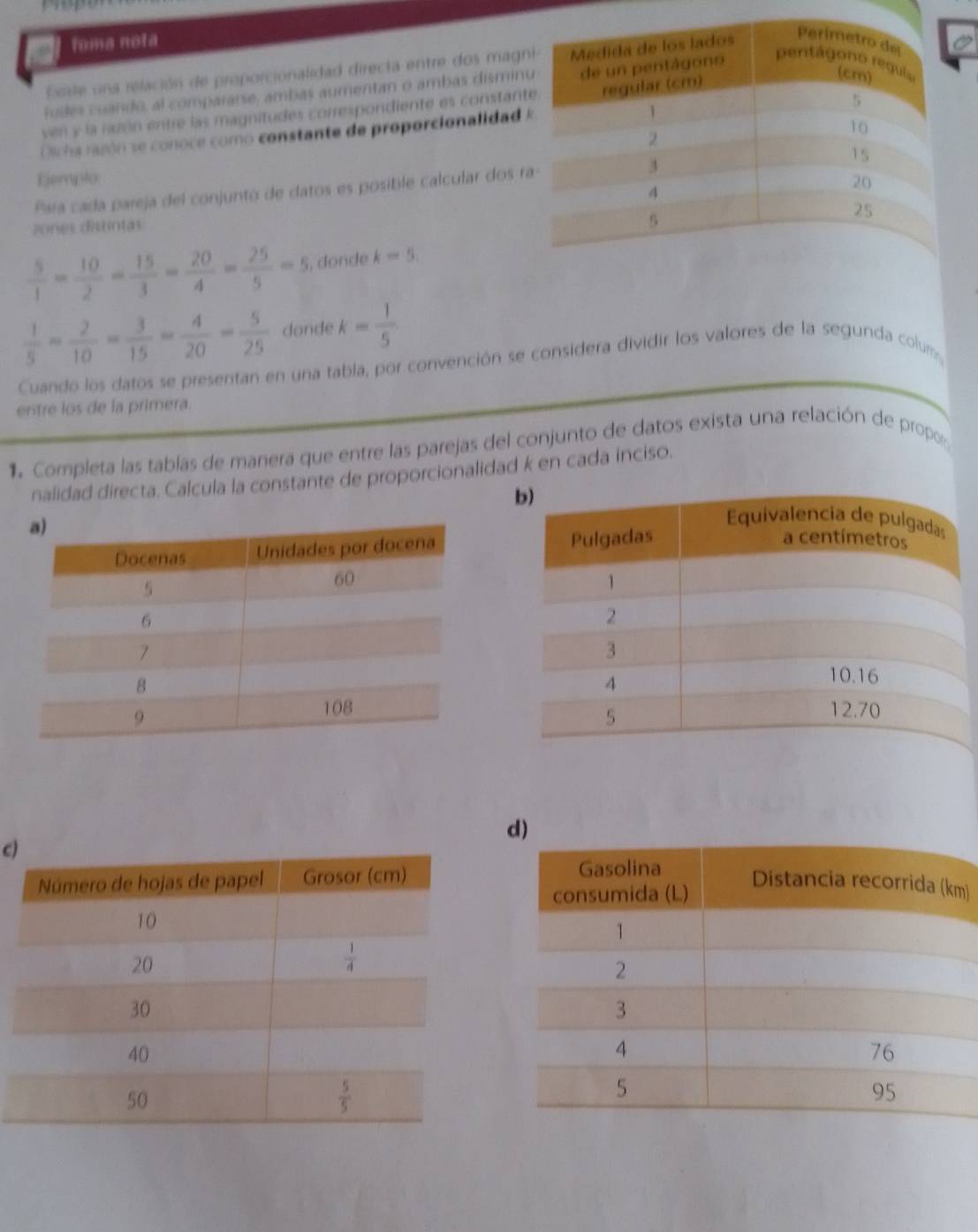 toma nota
Edte una relación de proporcionalidad directa entre dos magn
fudes cuando, al compararse, ambas aumentan o ambas dismin
ven y la razón entre las magnitudes correspondiente es constant
Dicha rmón se conoce como constante de proporcionalidad 
Ejemplo 
Paía cada pareja del conjunto de datos es posible calcular dos r
zones distintas
 5/1 = 10/2 = 15/3 = 20/4 = 25/5 =5 , donde k=5.
 1/5 = 2/10 = 3/15 = 4/20 = 5/25  donde k= 1/5 
Cuando los datos se presentan en una tabla, por convención se considera dividir los valores de la segunda colum
entre los de la primera.
1 Completa las tablas de manera que entre las parejas del conjunto de datos exista una relación de propo
nalidad directa. Calcula la constante de proporcionalidad k en cada inciso.
c)
)