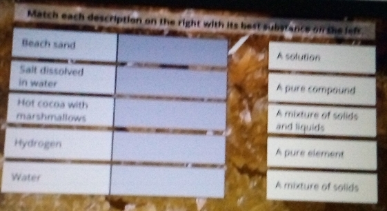 Match each description on tt substance on she left.
A solution
A pure compound
A mixture of solids
and liquids
A pure element
A mixture of solids