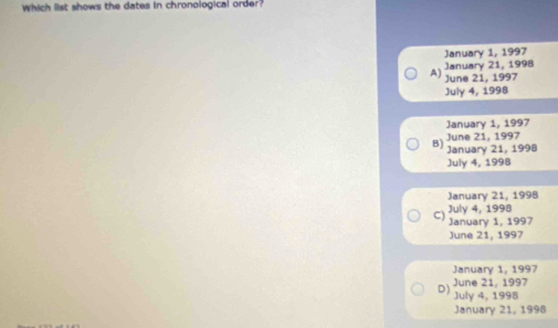 Which list shows the dates in chronological order?
January 1, 1997
January 21, 1998
A) June 21, 1997
July 4, 1998
January 1, 1997
B) June 21, 1997
January 21, 1998
July 4, 1998
January 21, 1998
C) July 4, 1998
January 1, 1997
June 21, 1997
January 1, 1997
June 21, 1997
D) July 4, 1998
January 21, 1998