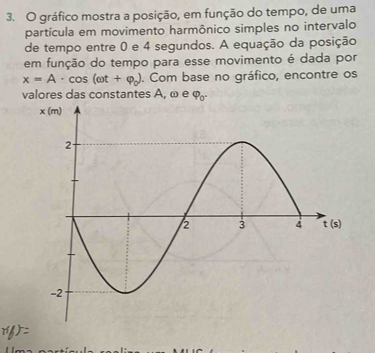 gráfico mostra a posição, em função do tempo, de uma
partícula em movimento harmônico simples no intervalo
de tempo entre 0 e 4 segundos. A equação da posição
em função do tempo para esse movimento é dada por
x=A· cos (omega t+varphi _0). Com base no gráfico, encontre os
valores das constantes A, ω e varphi _0.