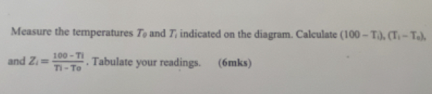 Measure the temperatures T_0 and T_i indicated on the diagram. Calculate (100-T_i), (T_i-T_o), 
and Z_i= (100-Ti)/Ti-To . Tabulate your readings. (6mks)