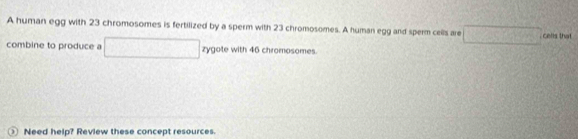 A human egg with 23 chromosomes is fertilized by a sperm with 23 chromosomes. A human egg and sperm cells are □ cells that 
combine to produce a □ zygote with 46 chromosomes. 
) Need help? Review these concept resources