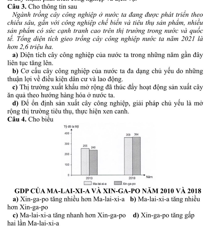 Cho thông tin sau
Ngành trồng cây công nghiệp ở nước ta đang được phát triển theo
chiều sâu, gắn với công nghiệp chế biến và tiêu thụ sản phẩm, nhiều
sản phẩm có sức cạnh tranh cao trên thị trường trong nước và quốc
tế. Tổng diện tích gieo trồng cây công nghiệp nước ta năm 2021 là
hơn 2, 6 triệu ha.
a) Diện tích cây công nghiệp của nước ta trong những năm gần đây
liên tục tăng lên.
b) Cơ cấu cây công nghiệp của nước ta đa dạng chủ yếu do những
thuận lợi về điều kiện dân cư và lao động.
c) Thị trường xuất khẩu mở rộng đã thúc đầy hoạt động sản xuất cây
ăn quả theo hướng hàng hóa ở nước ta.
d) Để ổn định sản xuất cây công nghiệp, giải pháp chủ yếu là mở
rộng thị trường tiêu thụ, thực hiện xen canh.
Câu 4. Cho biểu
GDP Của MA-LAI-XI-a và XIN-GA-PO Năm 2010 và 2018
a) Xin-ga-po tăng nhiều hơn Ma-lai-xi-a b) Ma-lai-xi-a tăng nhiều
hơn Xin-ga-po
c) Ma-lai-xi-a tăng nhanh hơn Xin-ga-po d) Xin-ga-po tăng gấp
hai lần Ma-lai-xi-a