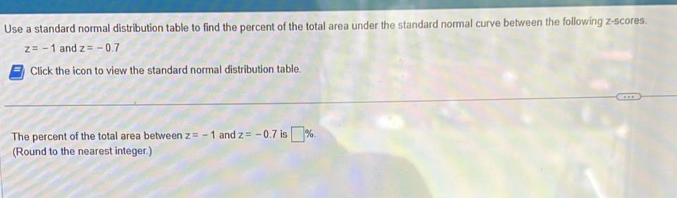 Use a standard normal distribution table to find the percent of the total area under the standard normal curve between the following z-scores.
z=-1 and z=-0.7
I Click the icon to view the standard normal distribution table. 
The percent of the total area between z=-1 and z=-0.7 is □ %. 
(Round to the nearest integer.)