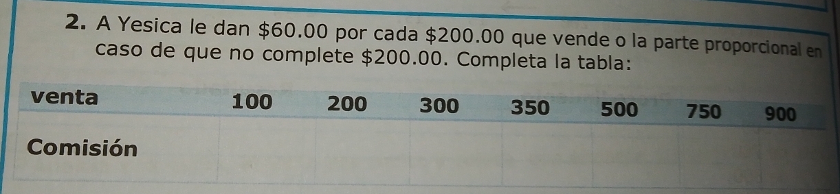 A Yesica le dan $60.00 por cada $200.00 que vende o la parte proporcional en 
caso de que no complete $200.00. Completa la tabla: