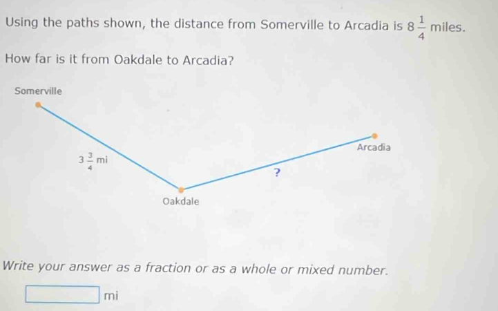 Using the paths shown, the distance from Somerville to Arcadia is 8 1/4 miles.
How far is it from Oakdale to Arcadia?
Write your answer as a fraction or as a whole or mixed number.
□ mi