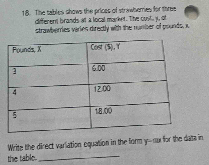 The tables shows the prices of strawberries for three 
different brands at a local market. The cost, y, of 
strawberries varies directly with the number of pounds, x. 
Write the direct variation equation in the form y=mx for the data in 
the table. 
_