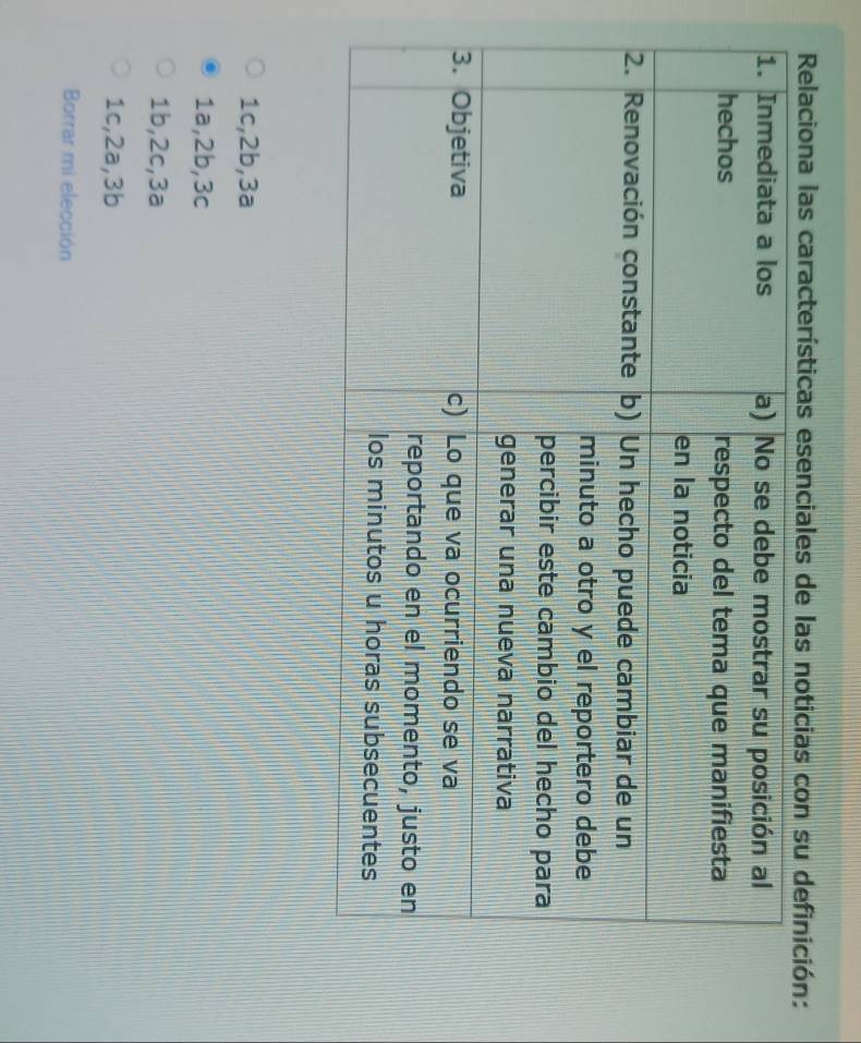 Relaciona las características esenciales de las
1c, 2b, 3a
1a, 2b, 3c
1b, 2c, 3a
1c, 2a, 3b
Borrar mi elección