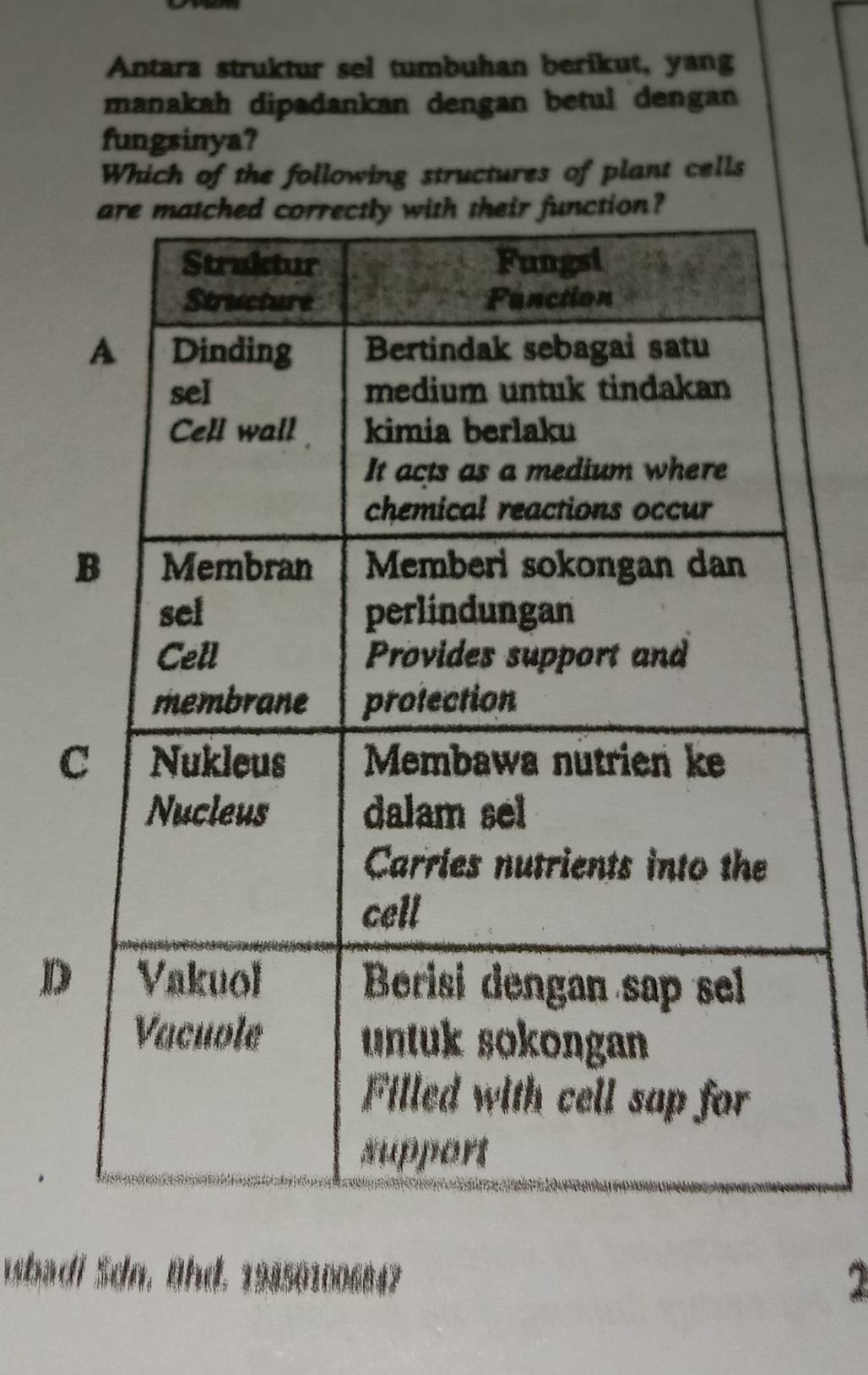 Antara struktur sel tumbuhan berikut, yang 
manakah dipadankan dengan betul dengan 
fungsinya? 
Which of the following structures of plant cells 
D 
ubadi Sdn, Bhd. 198501006847 2