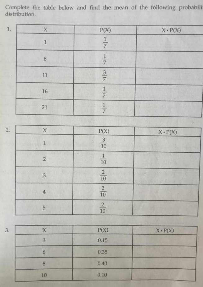 Complete the table below and find the mean of the following probabili
distribution.