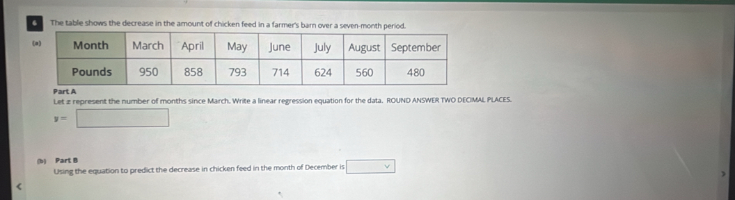 The table shows the decrease in the amount of chicken feed in a farmer's barn over a seven-month period. 
Part A 
Let 2 represent the number of months since March. Write a linear regression equation for the data. ROUND ANSWER TWO DECIMAL PLACES.
y=□
(b) Part B 
Using the equation to predict the decrease in chicken feed in the month of December is □ vee 