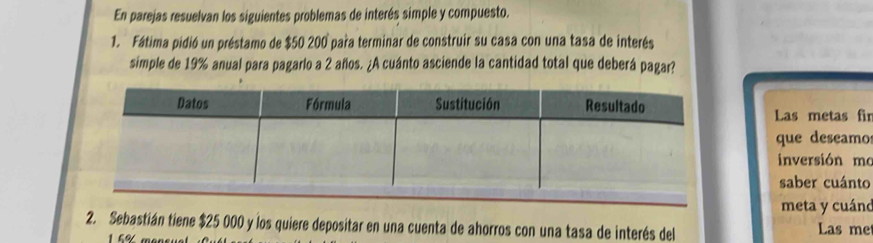 En parejas resuelvan los siguientes problemas de interés simple y compuesto. 
1. Fátima pidió un préstamo de $50 200 para terminar de construir su casa con una tasa de interés 
simple de 19% anual para pagarlo a 2 años. ¿A cuánto asciende la cantidad total que deberá pagar? 
Las metas fir 
que deseamo 
inversión mo 
saber cuánto 
meta y cuánd 
2. Sebastián tiene $25 000 y los quiere depositar en una cuenta de ahorros con una tasa de interés del Las me
15%