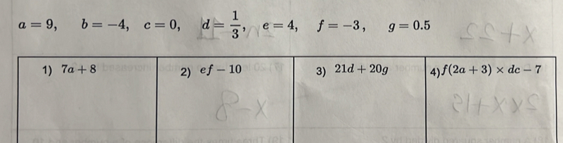 a=9,b=-4,c=0,d= 1/3 ,e=4,f=-3,g=0.5