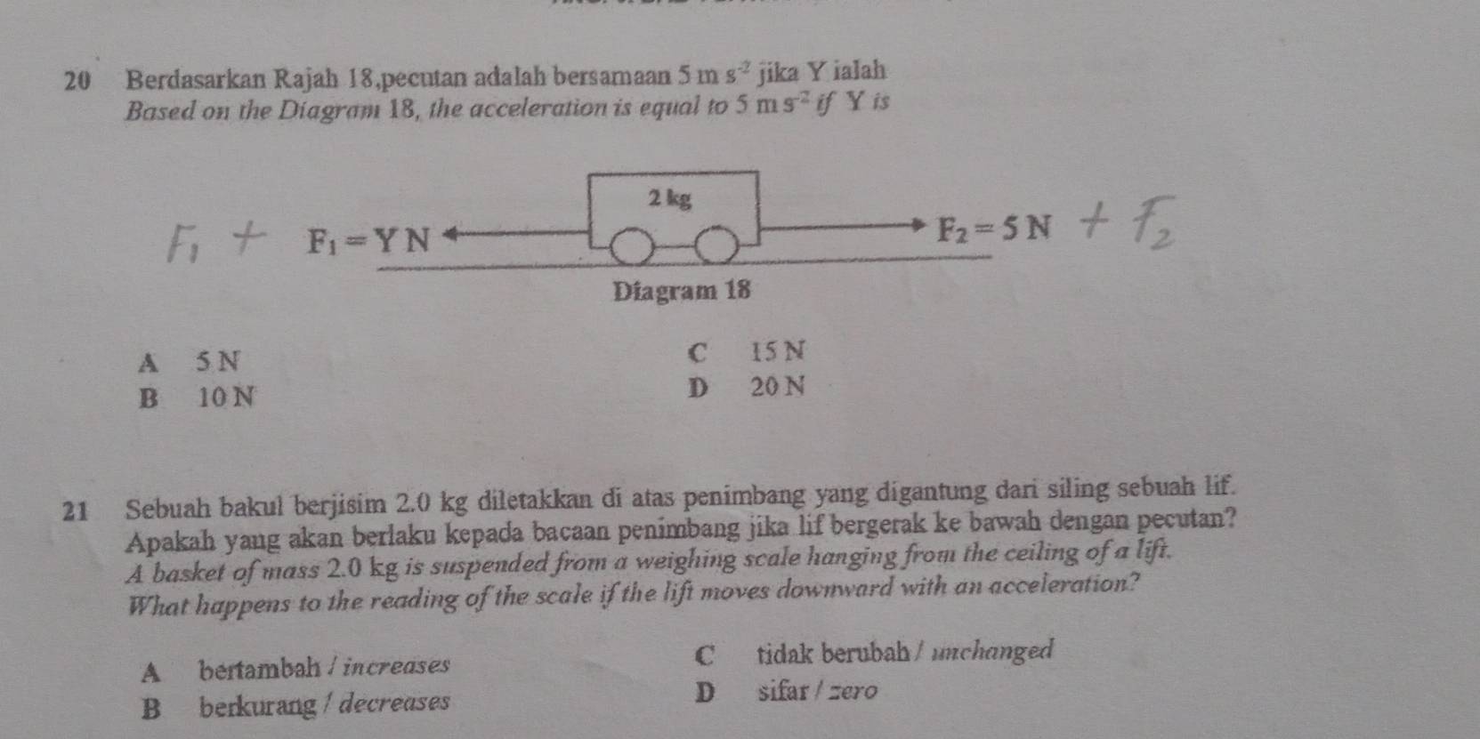 Berdasarkan Rajah 18,pecutan adalah bersamaan 5ms^(-2) jika Y ialah
Based on the Diagram 18, the acceleration is equal to 5ms^(-2)if Yis
A 5 N C 15 N
B 10 N D 20 N
21 Sebuah bakul berjisim 2.0 kg diletakkan di atas penimbang yang digantung dari siling sebuah lif.
Apakah yang akan berlaku kepada bacaan penimbang jika lif bergerak ke bawah dengan pecutan?
A basket of mass 2.0 kg is suspended from a weighing scale hanging from the ceiling of a lift.
What happens to the reading of the scale if the lift moves downward with an acceleration?
A bettambah / increases C tidak berubah / unchanged
B berkurang / decreases
D sifar / zero