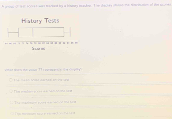 A group of test scores was tracked by a history teacher. The display shows the distribution of the scores
What does the value 77 represent in the display?
The mean score earned on the test
The median score earned on the test
The maximum score earned on the test
The minimum score earned on the test