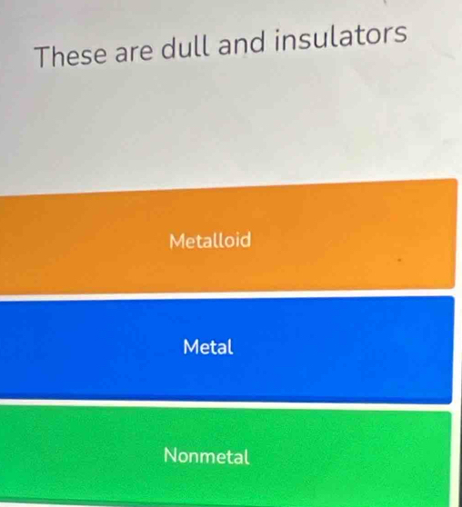 These are dull and insulators
Metalloid
Metal
Nonmetal