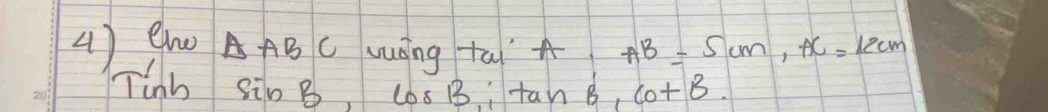 ewo AABC wuáng tāi AB=5cm, AC=12cm
Tinh sin B, C6S B; tan B cot B.