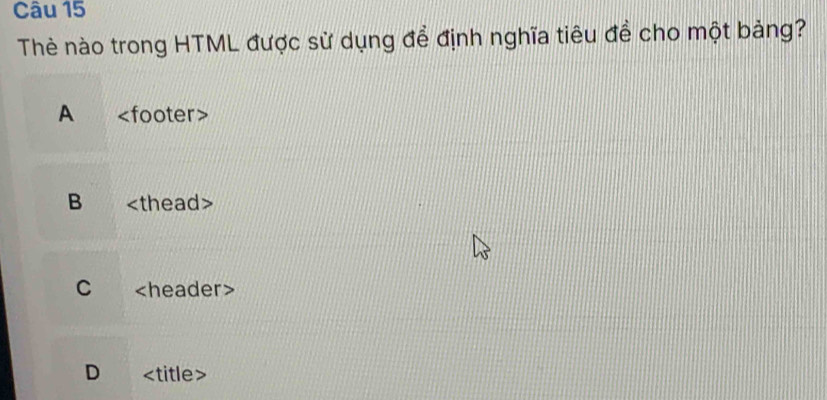 Thè nào trong HTML được sử dụng để định nghĩa tiêu đề cho một bảng?
A
B
C
D