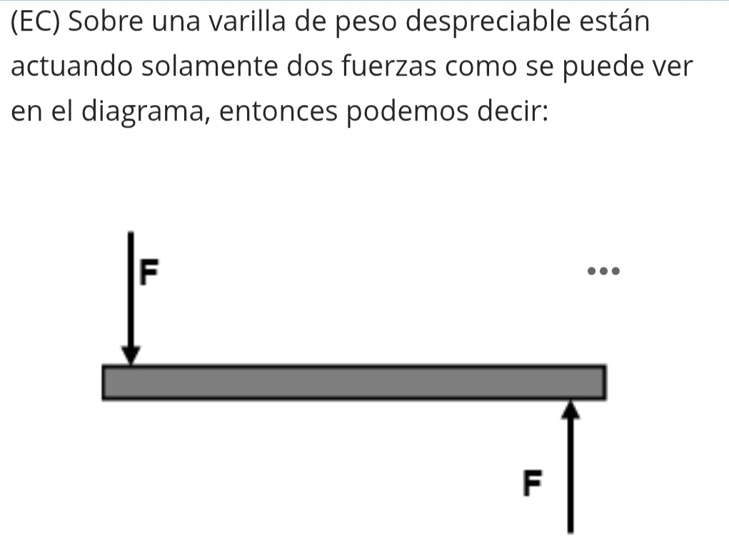 (EC) Sobre una varilla de peso despreciable están
actuando solamente dos fuerzas como se puede ver
en el diagrama, entonces podemos decir:
F
F