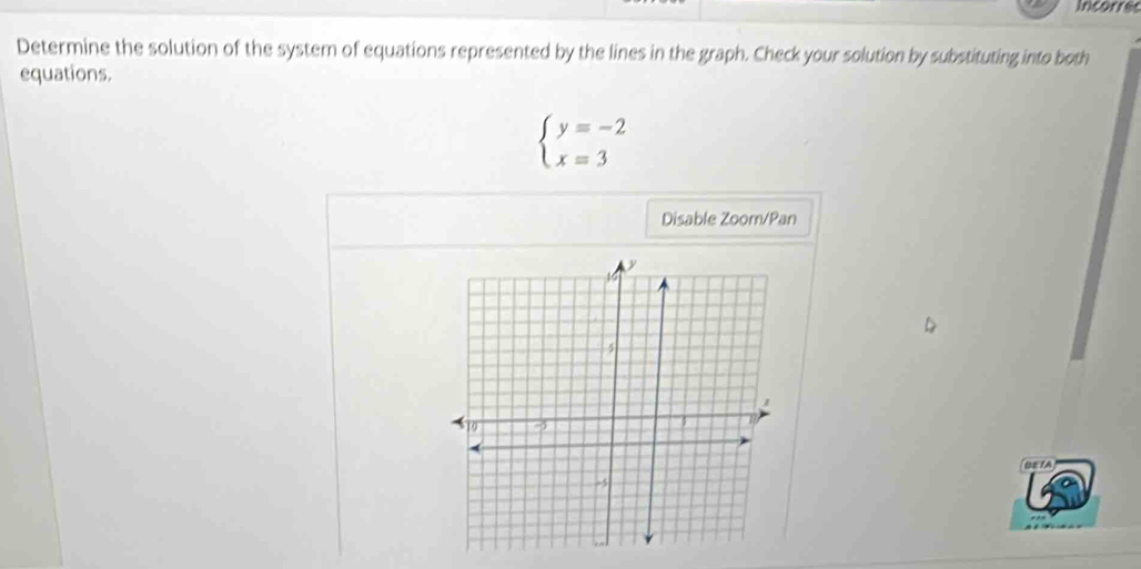 Incorre 
Determine the solution of the system of equations represented by the lines in the graph. Check your solution by substituting into both 
equations.
beginarrayl y=-2 x=3endarray.
Disable Zoom/Pan 
DE TA