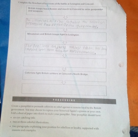 Complete the flowchart of ker events of the battles at Lexingion and Concord. 
and weapons British troops leava Boston and march to Concord to seize gunpowder 
Minutemen and British troops fight in Lexington. 
Colonists fight British seldiers at Concord's North Bridge. 
P RD C E S S I N G 
Create a pamphlet to persuade colonists to rebel against or remain loyal to the British 
government. You may choose to express your historical figure's opinion or your own 
Fold a sheet of paper into thirds to make your pamphlet. Your pamphlet should have: 
an eye-catching title. 
two or three colorful illustrations. 
two paragraphs explaining your position for rebellion or loyalty, supported with 
reasons and examples