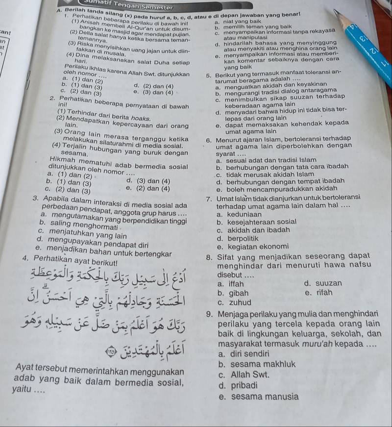 Sumatif Tengah Semester
A. Berilah tanda silang (x) pada huruf a. b. c. d. atau e di depan jawaban yang benar!
1. Perhatikan beberapa perilaku di bawah inil
a. niat yang baik
(1) Anisah membeli Al-Our'an untuk disum- b. memilih teman yang baik
bangkan ke masjid agar mendapat pujian.
c. menyampaikan informasi tanpa rekayasa
(2) Delia salat hanya ketika bersama teman-
an! temannya.
atau manipulasi
at d. hindarilah bahasa yang menyinggung
(3) Riska menyisihkan uang jajan untuk diin atau menyakiti atau menghina orang lain
in fakkan di musala.
e. menyampaikan informasi atau memberi-
(4) Dina melaksanakan salat Duha setiap kan komentar sebaiknya dengan cara
harl.
yang baik
Perilaku ikhias karena Allah Swt. ditunjukkan 5. Berikut yang termasuk manfaat toleransi an-
oleh nomor ....
a. (1) dan (2)
tarumat beragama adalah ....
b. (1) dan (3)
d. (2) dan (4) a. menguatkan akidah dan keyakinan
c. (2) dan (3)
e. (3) dan (4) b. mengurangi tradisi dialog antaragama
c. menimbulkan sikap suuzan terhadap
2. Perhatikan beberapa pernyataan di bawah keberadaan agama lain
íni!
d. menyadari bahwa hidup ini tidak bisa ter-
(1) Terhindar dari berita hoaks.
lepas dari orang lain
(2) Mendapatkan kepercayaan dari orang e. dapat memaksakan kehendak kepada
lain.
umat agama lain
(3) Orang lain merasa terganggu ketika 6. Menurut ajaran Islam, bertoleransi terhadap
melakukan silaturahmi di media sosial. umat agama lain diperbolehkan dengan
(4) Terjalin hubungan yang buruk dengan syarat ....
sesama.
a. sesuai adat dan tradisi Islam
Hikmah mematuhi adab bermedia sosial b. berhubungan dengan tata cara ibadah
ditunjukkan oleh nomor ....
a. (1) dan (2)
c. tidak merusak akidah Islam
b. (1) dan (3)
d. (3) dan (4) d. berhubungan dengan tempat ibadah
c. (2) dan (3)
e. (2) dan (4) e. boleh mencampuradukkan akidah
7. Umat Islam tidak dianjurkan untuk bertoleransi
3. Apabila dalam interaksi di media sosial ada terhadap umat agama lain dalam hal ....
perbedaan pendapat, anggota grup harus .... a. keduniaan
a mengutamakan yang berpendidikan tinggi b. kesejahteraan sosial
b. saling menghormati
c. akidah dan ibadah
c. menjatuhkan yang lain
d. berpolitik
d. mengupayakan pendapat diri
e. kegiatan ekonomi
e. menjadikan bahan untuk bertengkar
8. Sifat yang menjadikan seseorang dapat
4. Perhatikan ayat berikut!
menghindar dari menuruti hawa nafsu
disebut ....
a. iffah d. suuzan
b. gibah e.rifah
c. zuhud
9. Menjaga perilaku yang mulia dan menghindari
perilaku yang tercela kepada orang lain
baik di lingkungan keluarga, sekolah, dan
masyarakat termasuk muru'ah kepada ....
a. diri sendiri
b. sesama makhluk
Ayat tersebut memerintahkan menggunakan c. Allah Swt.
adab yang baik dalam bermedia sosial, d. pribadi
yaitu ....
e. sesama manusia