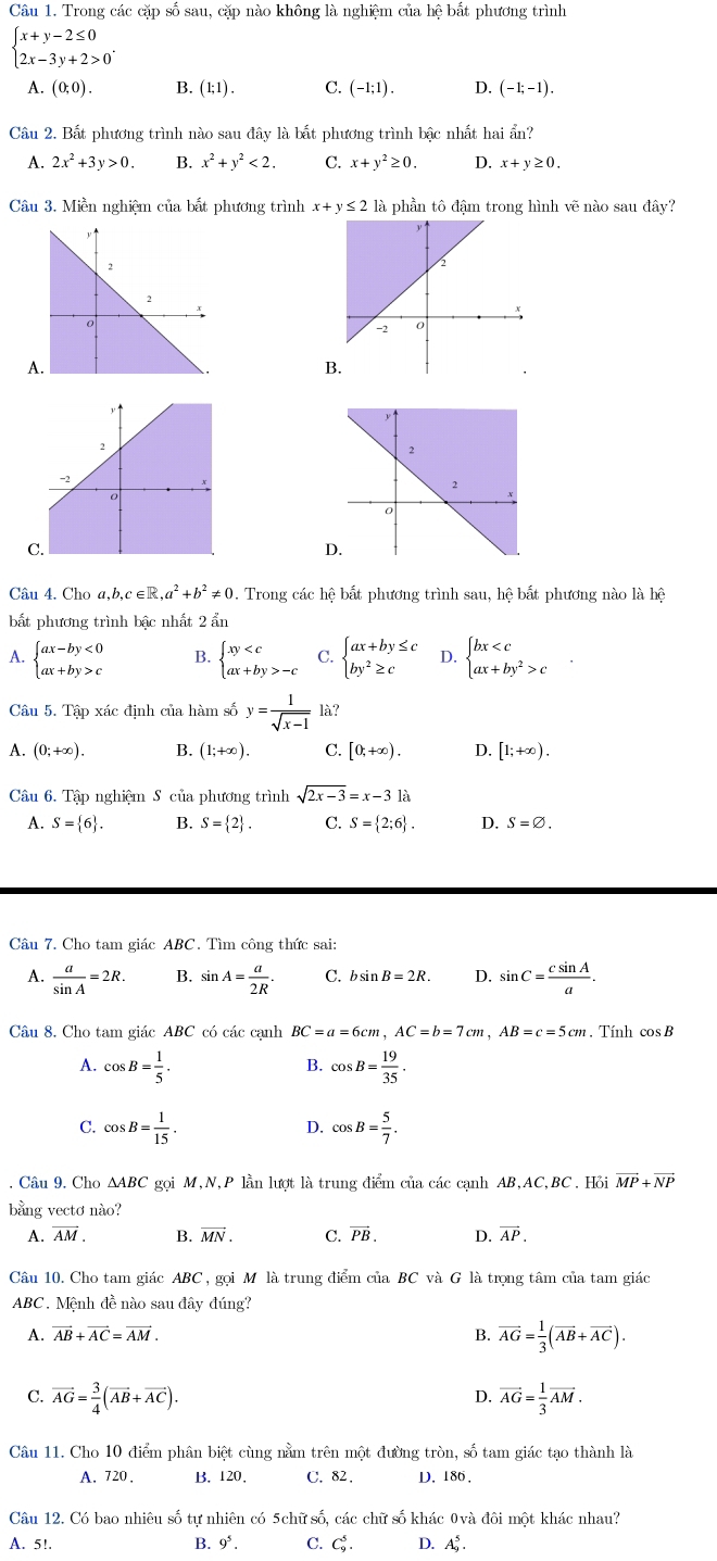 Trong các cặp số sau, cặp nào không là nghiệm của hệ bắt phương trình
beginarrayl x+y-2≤ 0 2x-3y+2>0endarray. .
A. (0;0). B. (1;1). C. (-1;1). D. (-1;-1).
Câu 2. Bất phương trình nào sau đây là bất phương trình bậc nhất hai ẩn?
A. 2x^2+3y>0. B. x^2+y^2<2. C. x+y^2≥ 0. D. x+y≥ 0.
Câu 3. Miền nghiệm của bất phương trình x+y≤ 2 là phần tô đậm trong hình vẽ nào sau đây?
A
B
C
D
Câu 4, Cho a,b,c∈ R,a^2+b^2!= 0. Trong các hệ bất phương trình sau, hệ bắt phương nào là hệ
bất phương trình bậc nhất 2 ẩn
A. beginarrayl ax-by<0 ax+by>cendarray. B. beginarrayl xy -cendarray. C. beginarrayl ax+by≤ c by^2≥ cendarray. D. beginarrayl bx cendarray.
Câu 5. Tập xác định của hàm số y= 1/sqrt(x-1)  là?
A. (0;+∈fty ). B. (1;+∈fty ). C. [0;+∈fty ). D. [1;+∈fty ).
Câu 6. Tập nghiệm S của phương trình sqrt(2x-3)=x-31a
A. S= 6 . B. S= 2 . C. S= 2;6 . D. S=varnothing .
Câu 7. Cho tam giác ABC. Tìm công thức sai:
A.  a/sin A =2R. B. sin A= a/2R . C. bsin B=2R. D. sin C= csin A/a .
Câu 8. Cho tam giác ABC có các cạnh BC=a=6cm,AC=b=7cm,AB=c=5cm. Tính cos B
A. cos B= 1/5 . cos B= 19/35 .
B.
C. cos B= 1/15 . D. cos B= 5/7 .
Câu 9. Cho △ ABC gọi M,N,P lần lượt là trung điểm của các cạnh AB,AC,BC. Hỏi vector MP+vector NP
bằng vecto nào?
A. overline AM. B. vector MN. C. vector PB. D. vector AP.
Câu 10. Cho tam giác ABC , gọi M là trung điểm của BC và G là trọng tâm của tam giác
ABC . Mệnh đề nào sau đây đúng?
A. vector AB+vector AC=vector AM. B. vector AG= 1/3 (vector AB+vector AC).
C. vector AG= 3/4 (vector AB+vector AC). vector AG= 1/3 vector AM.
D.
Câu 11. Cho 10 điểm phân biệt cùng nằm trên một đường tròn, số tam giác tạo thành là
A. 720 . B. 120. C. 82 . D.186 ,
Câu 12. Có bao nhiêu số tự nhiên có 5chữ số, các chữ số khác 0và đôi một khác nhau?
A. 5! B. 9^5. C. C_9^5. D. A_9^5.