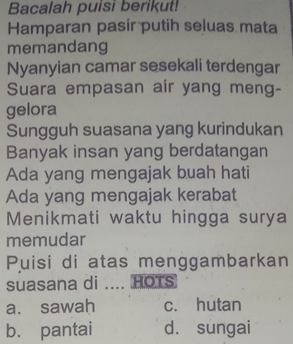 Bacalah puisi berikut!
Hamparan pasir putih seluas mata
memandang
Nyanyian camar sesekali terdengar
Suara empasan air yang meng-
gelora
Sungguh suasana yang kurindukan
Banyak insan yang berdatangan
Ada yang mengajak buah hati
Ada yang mengajak kerabat
Menikmati waktu hingga surya
memudar
Puisi di atas menggambarkan
suasana di .... HOTs
a. sawah c. hutan
b. pantai d. sungai