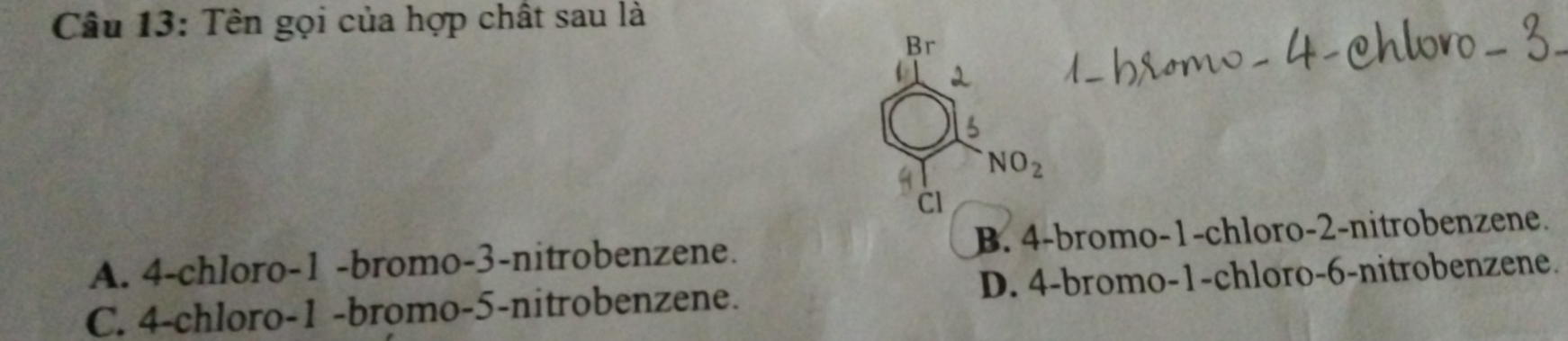 Tên gọi của hợp chất sau là
Br
NO_2 
CI
A. 4 -chloro- 1 -bromo -3 -nitrobenzene. B. 4 -bromo- 1 -chloro -2 -nitrobenzene.
C. 4 -chloro -1 -bromo -5 -nitrobenzene. D. 4 -bromo -1 -chloro -6 -nitrobenzene.