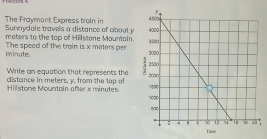 Pracnce 4 
The Fraymont Express train in 
Sunnydale travels a distance of about y
meters to the top of Hillstone Mountain. 
The speed of the train is x meters per
minute. 
Write an equation that represents the 
distance in meters, y, from the top of 
Hillstone Mountain after x minutes.
x