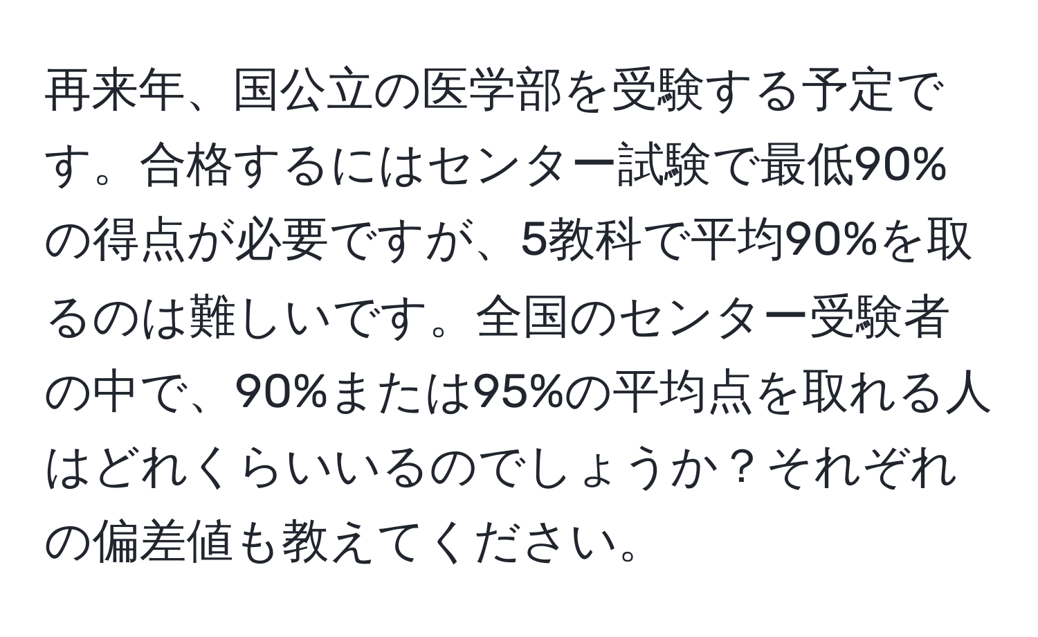 再来年、国公立の医学部を受験する予定です。合格するにはセンター試験で最低90%の得点が必要ですが、5教科で平均90%を取るのは難しいです。全国のセンター受験者の中で、90%または95%の平均点を取れる人はどれくらいいるのでしょうか？それぞれの偏差値も教えてください。