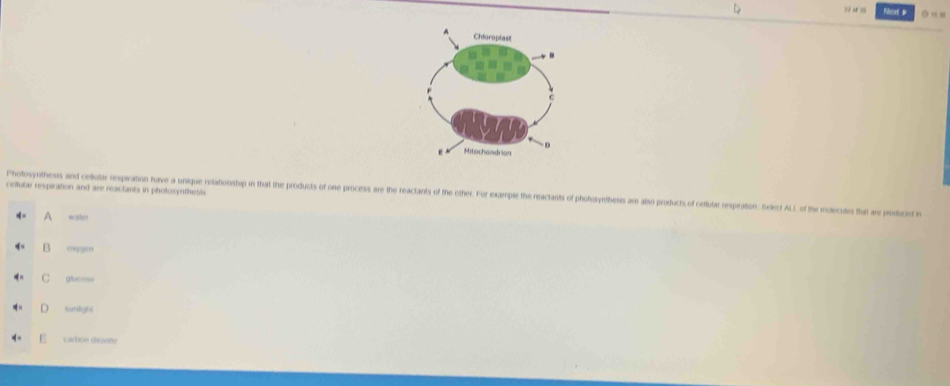 Neet s の v s0
cellutar respiration and are reactants in photosynthesis
Pholosynthess and celular respration have a unique relationship in that the producls of one process are the reaclants of the other. For example the reactants of phofosynthess are also producs of celblar epration. Select ALL of the mtecus that prou
A water
B oego
C ghscose
sunigife
carton chosñe