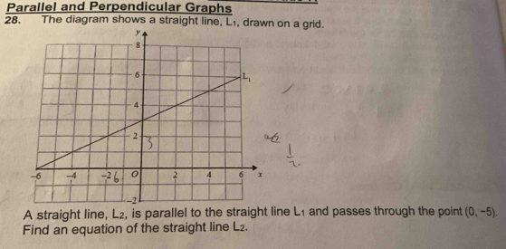 Parallel and Perpendicular Graphs
28. The diagram shows a straight line, L1, drawn on a grid.
A straight line, L_2 , is parallel to the straight line L_1 and passes through the point (0,-5).
Find an equation of the straight line L_2.