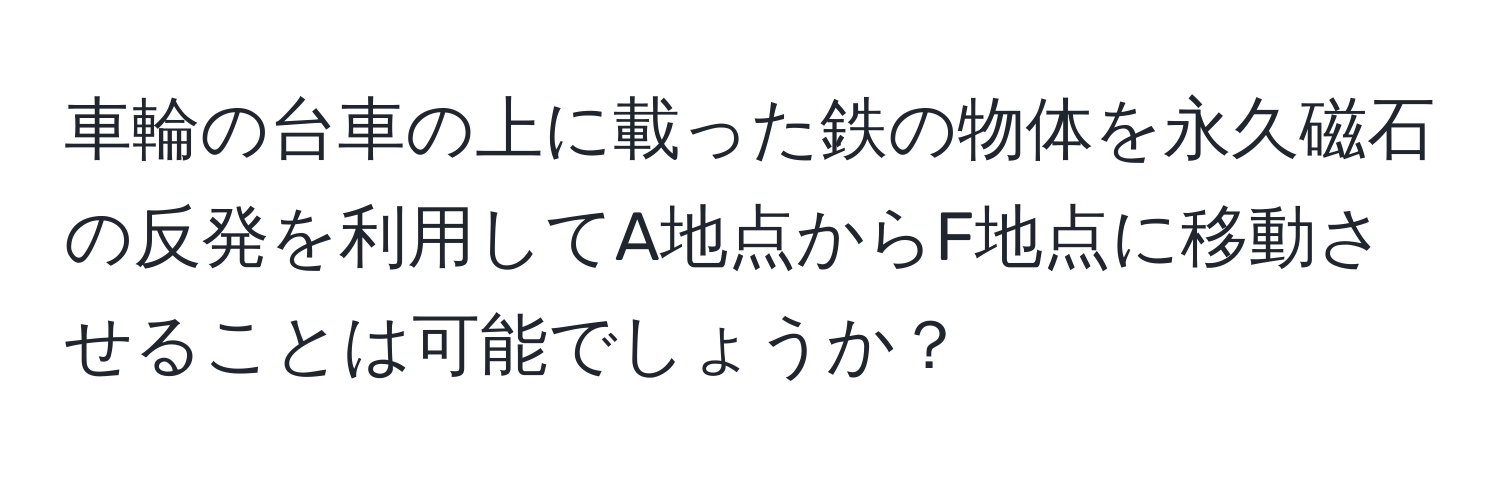 車輪の台車の上に載った鉄の物体を永久磁石の反発を利用してA地点からF地点に移動させることは可能でしょうか？