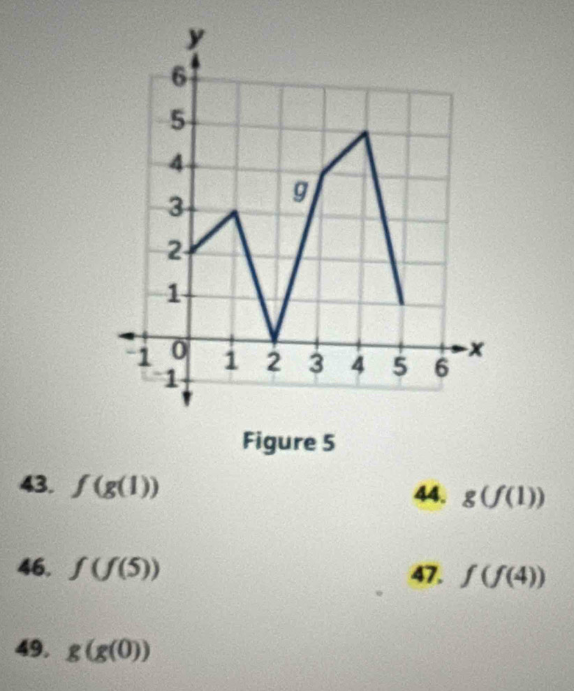 f(g(1)) 44. g(f(1))
46, f(f(5)) 47. f(f(4))
49. g(g(0))