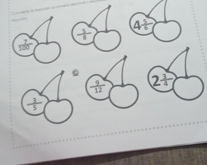 Convierte la tracción a número decimal y escrb
tracción.
4 5/6 
 5/8 
 7/100 
2 3/4 
 3/5 