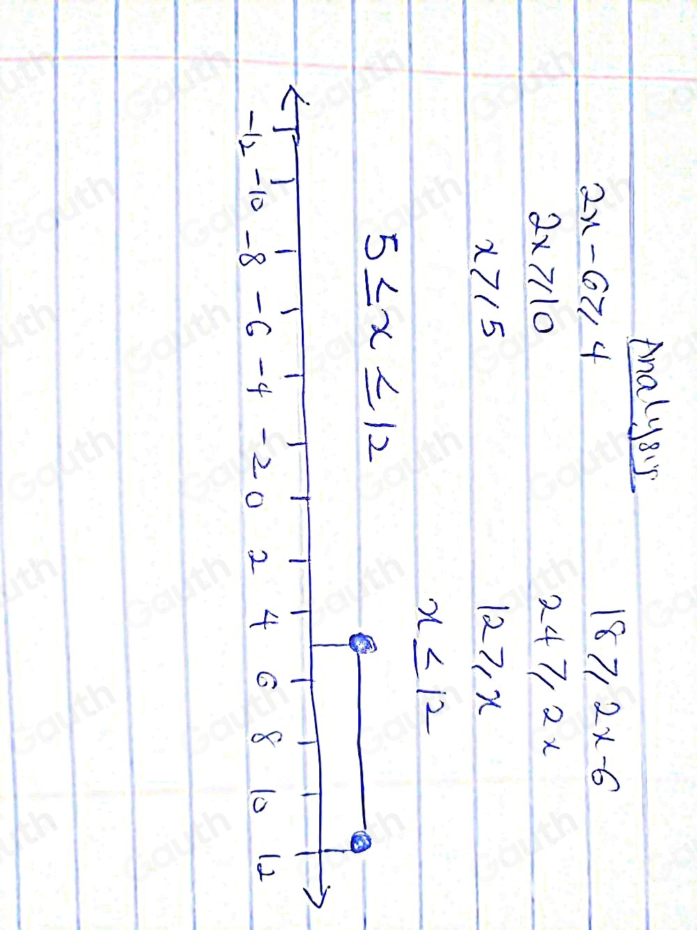 Analys5
2x-6≥slant 4
18≥slant 2x-6
2x≥slant 10
24≥slant 2x
x>15
12≥slant x
x≤ 12