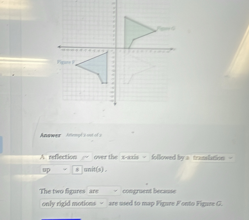 Answer Attempt 2 out of 2 
A reflection over the x-axis followed by a translation 
up 8 unit(s) . 
The two figures are congruent because 
only rigid motions are used to map Figure Fonto Figue G.