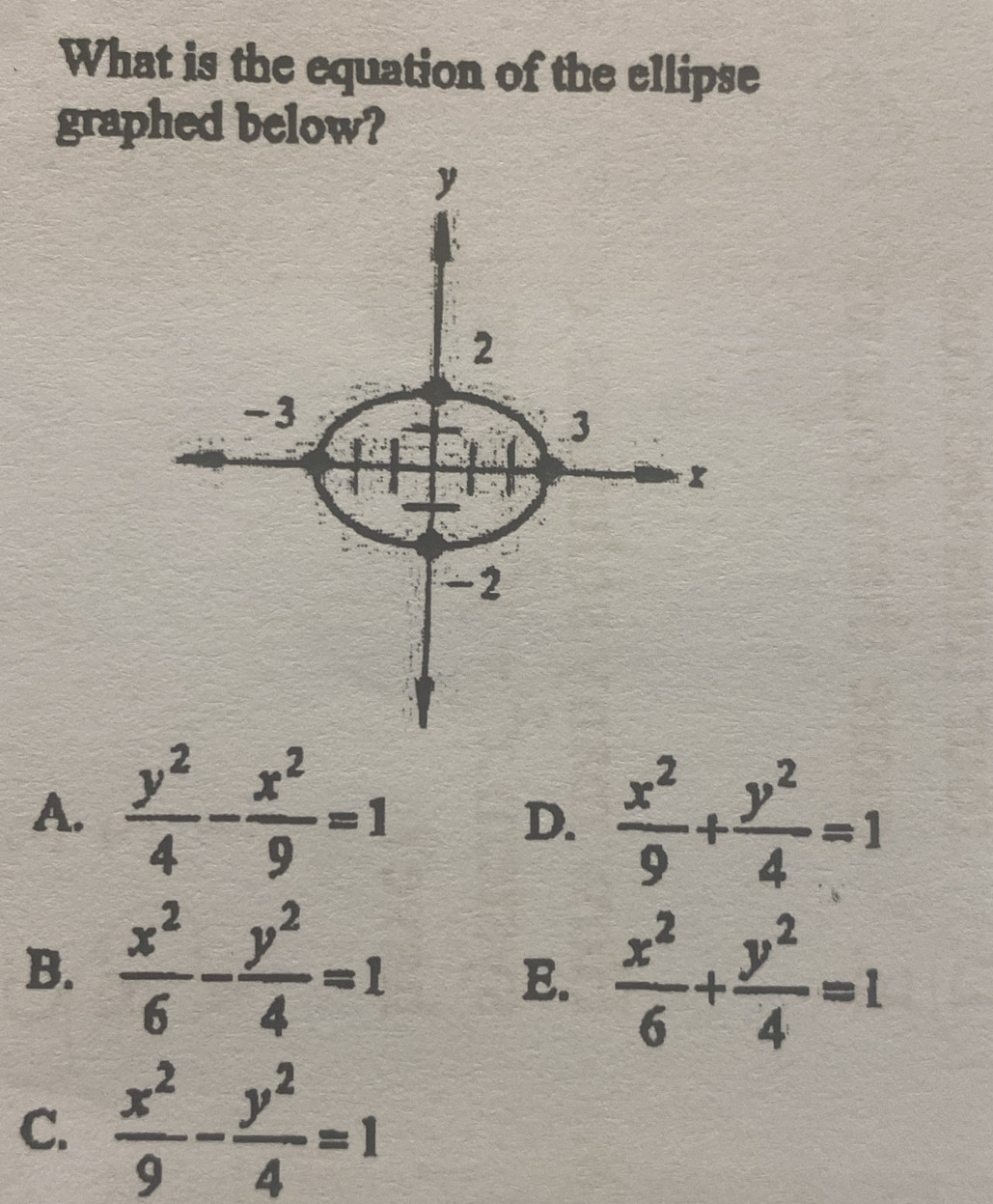 What is the equation of the ellipse
graphed below?
y
2
-3
3
X
-2
A.  y^2/4 - x^2/9 =1
D.  x^2/9 + y^2/4 =1
B.  x^2/6 - y^2/4 =1
E.  x^2/6 + y^2/4 =1
C.  x^2/9 - y^2/4 =1