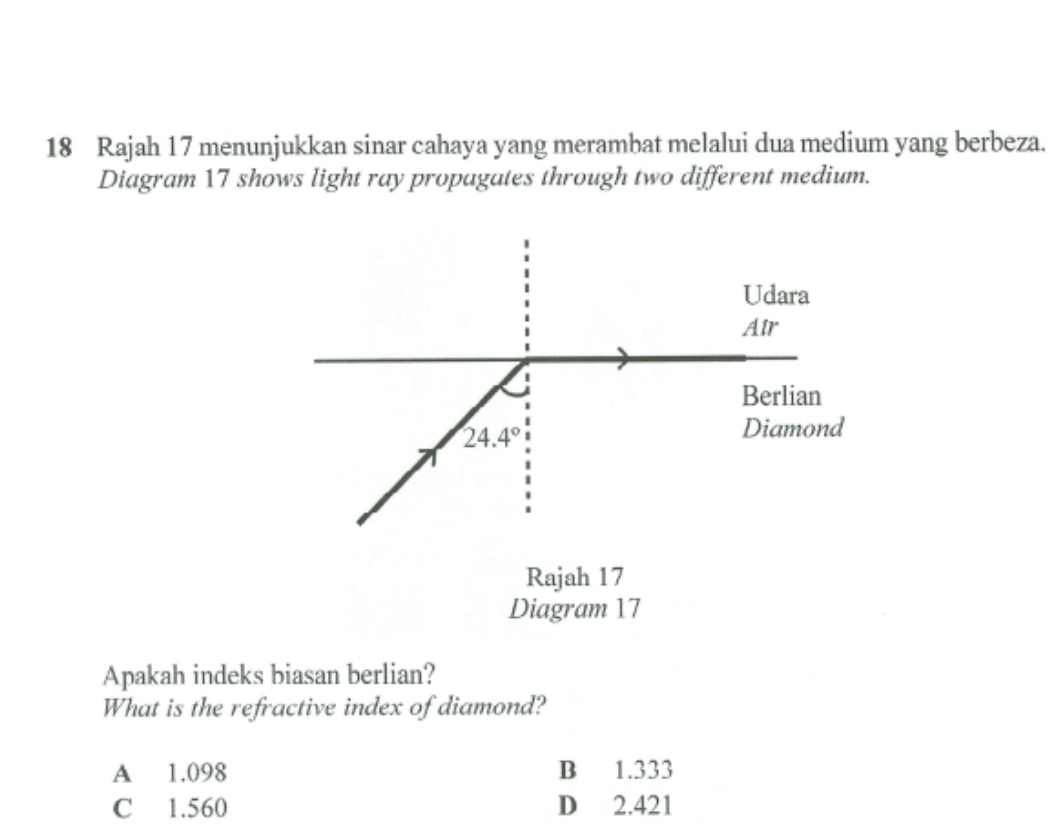 Rajah 17 menunjukkan sinar cahaya yang merambat melalui dua medium yang berbeza.
Diagram 17 shows light ray propagates through two different medium.
Rajah 17
Diagram 17
Apakah indeks biasan berlian?
What is the refractive index of diamond?
A 1.098 B 1.333
C 1.560 D 2.421