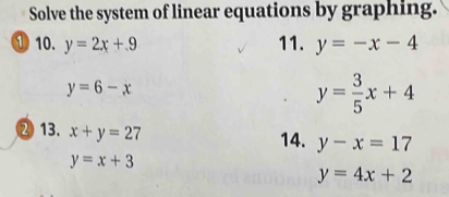 Solve the system of linear equations by graphing. 
①10. y=2x+9 11. y=-x-4
y=6-x
y= 3/5 x+4
② 13. x+y=27
14. y-x=17
y=x+3
y=4x+2