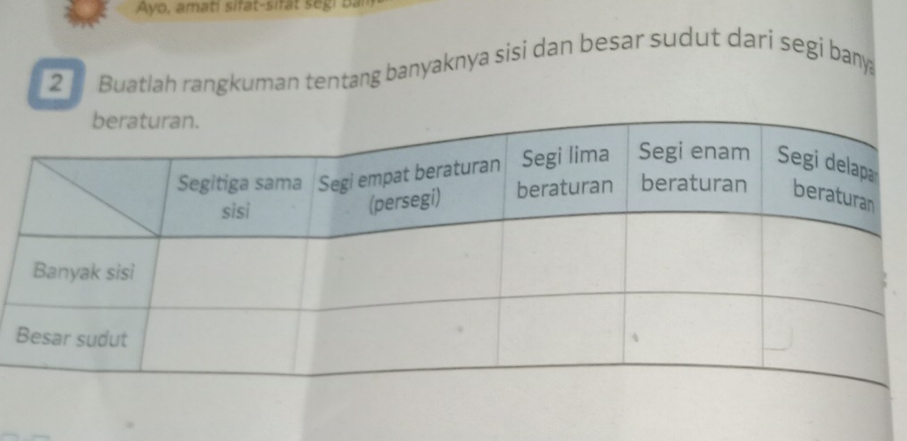 Ayo, amati sifat-sifat segi Bai 
2 Buatlah rangkuman tentang banyaknya sisi dan besar sudut dari segi bany